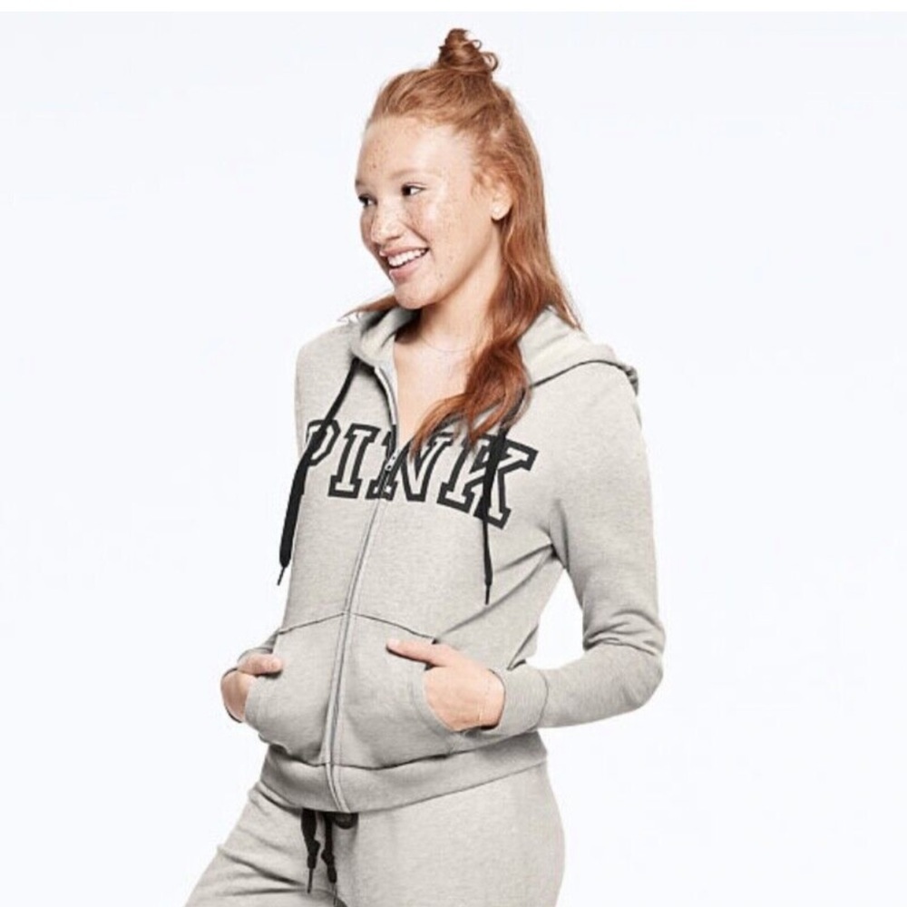 VICTORIAS SECRET PINK GRAY/BLACK FULL LENGTH LONG SLEEVE ZIP UP HOODIE SIZE XS